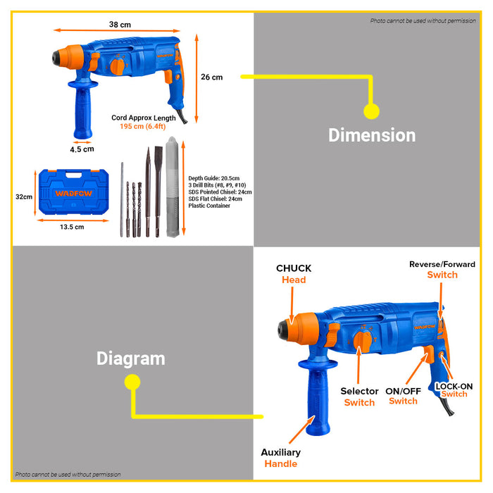 BUILDMATE Wadfow 800W Industrial Rotary Hammer Drill SDS  Plus Chuck Chipping Gun WRH1D26-2 - WPT