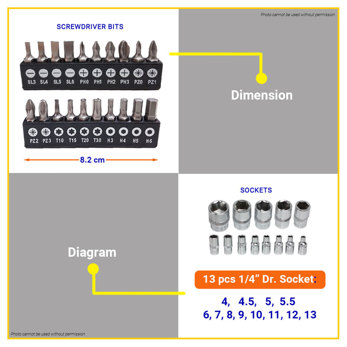 BUILDMATE Wadfow 45pcs Socket Set 1/4" Inch Autor Repair Drive Tool Kit Ratchet Wrench WST4D45 - WHT