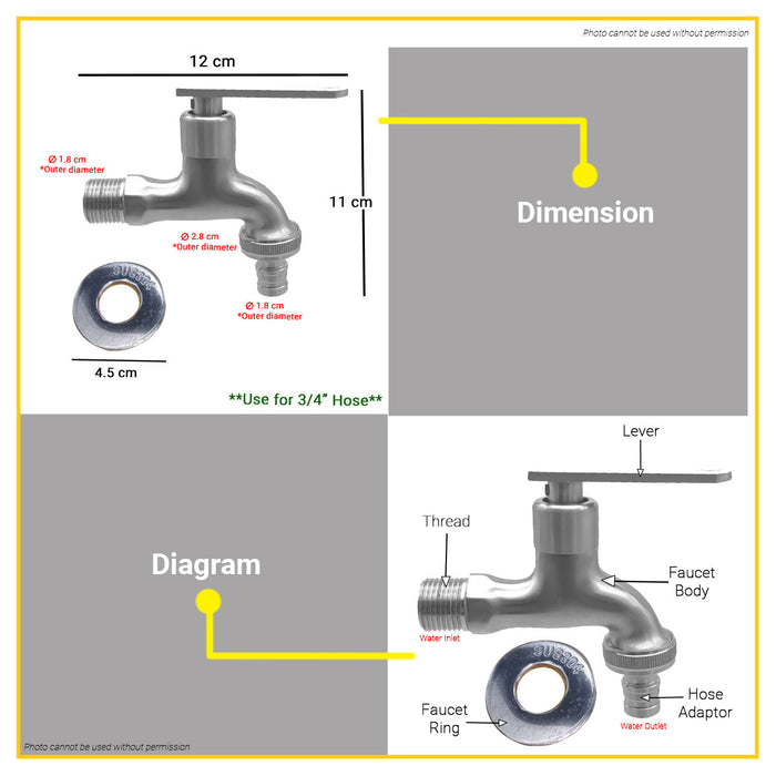 BUILDMATE Waterhouse by Powerhouse Stainless 304 Hose Bib Wall Faucet 3/4" Hose Adaptor Garden Wall-Mounted Single Lever Outdoor Gripo Tap Faucet WH-SUSHBEF-F10