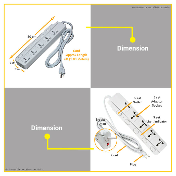 BUILDMATE Omni Extension Cord Set with Individual Switch 10A 250V 5 Gang Universal Outlet Power Strip WED-350-PK