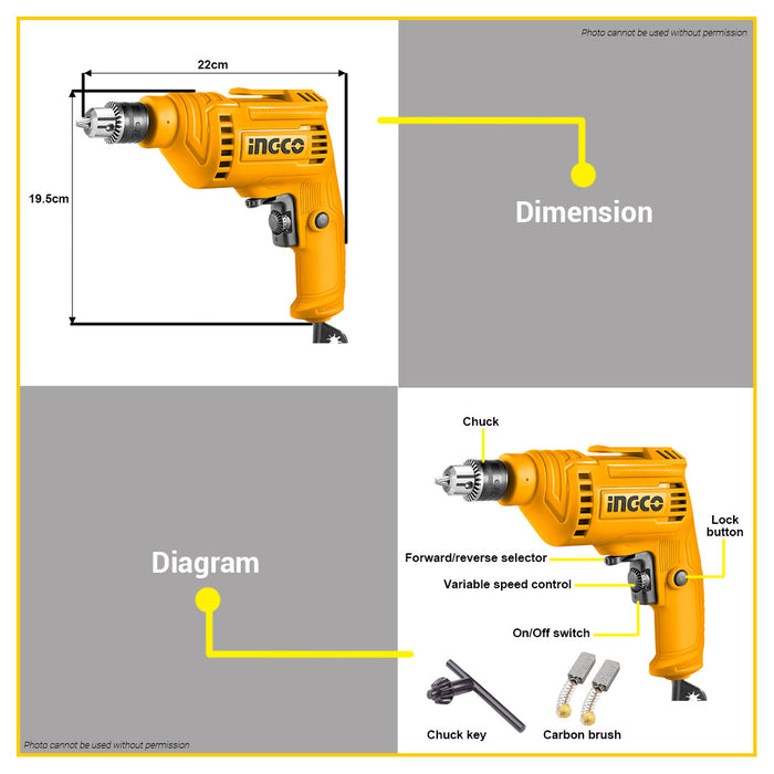 BUILDMATE Ingco 450W Electric Drill 6.5MM with Variable Speed Control Rotary Drilling Power Tools ED45658 - IPT