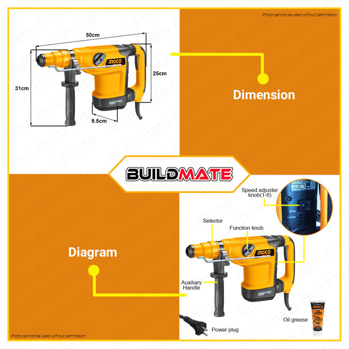 INGCO Anti Vibration 1200W Industrial Rotary Hammer Drill SDS Variable Speed Demolition Electric Hammer / Concrete Breaker Drill / Chipping Gun / Chipping Hammer / Electric Drill RH1200428 •BUILDMATE• IPT