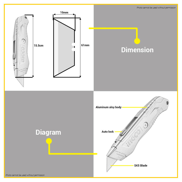 BUILDMATE Ingco Aluminium Alloy Body Auto-Lock Utility Knife With 1pc SK5 Blade HKNS11615 - IHT