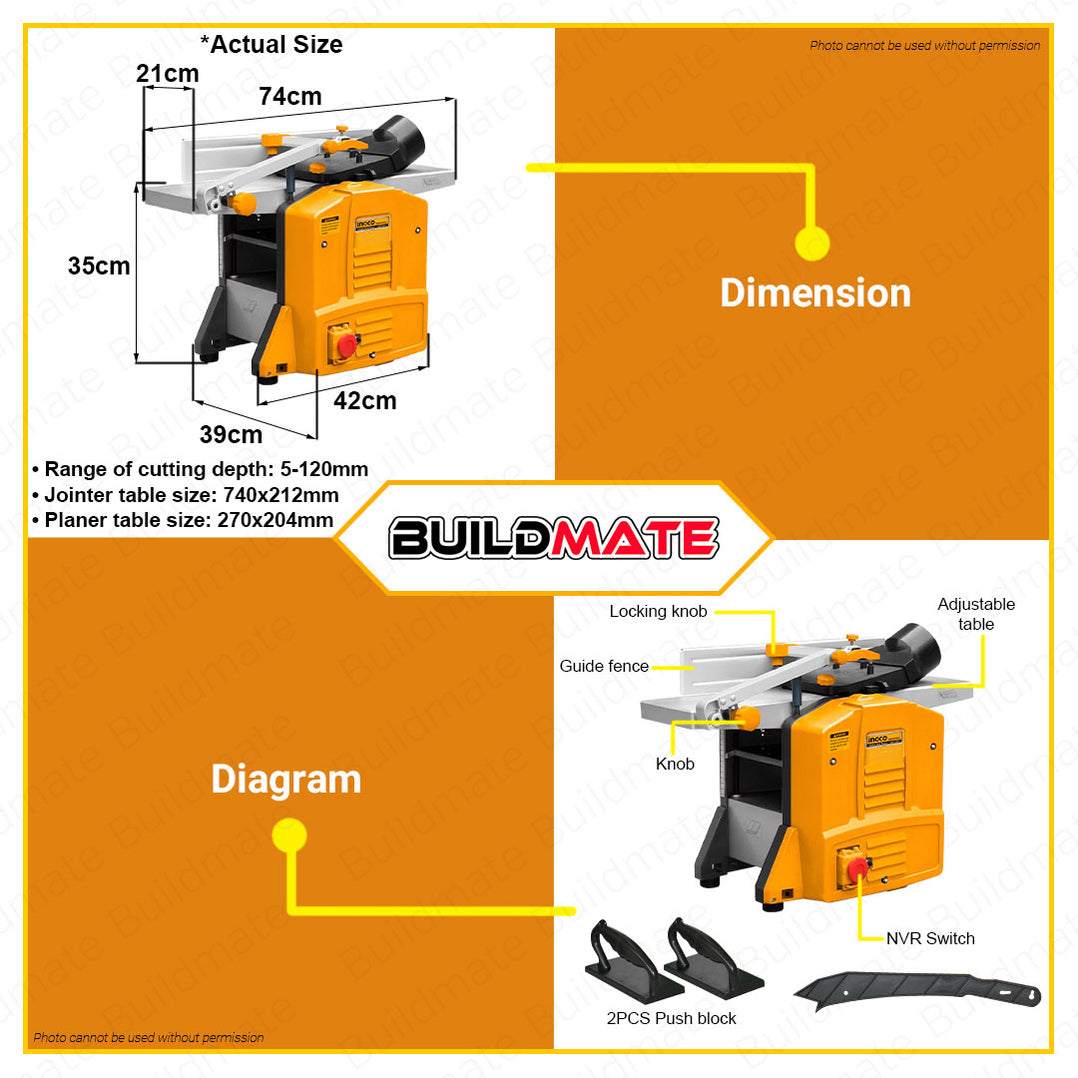 BUILDMATE Ingco Wood Jointer and Planer 1500W 8