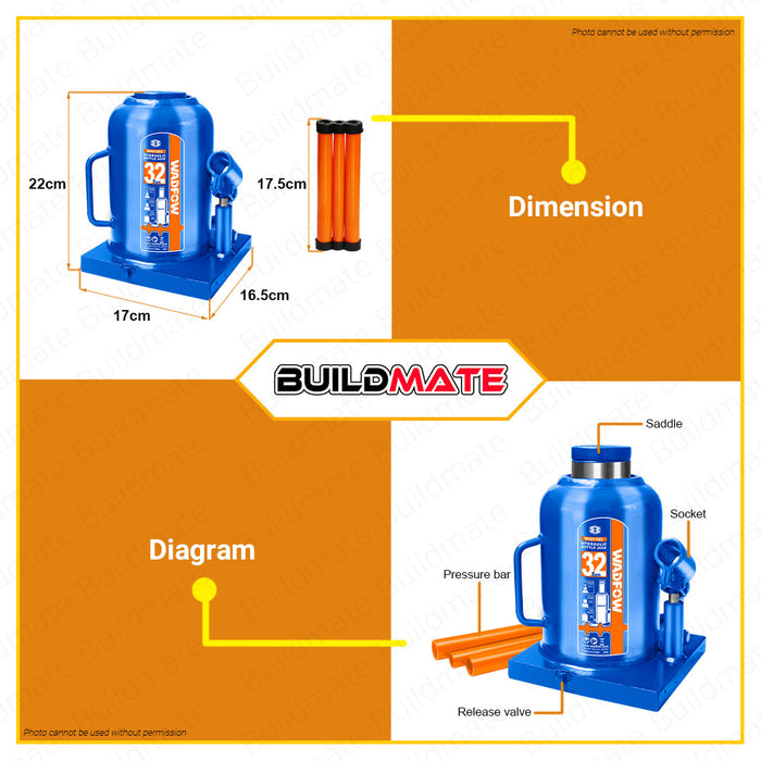 WADFOW 32 TONS Hydraulic Bottle Jack Welded Bottle Jack 32 Ton Easy Lifting WHJ1532 •BUILDMATE• WHT