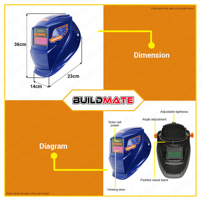 BUILDMATE Wadfow Auto Darkening Welding Helmet Solar Cell Power Dark Safety Eye Head Protection Welding Mask Gear Shield Helmet Glasses Safe Weld Visor WWH2501 • WHT