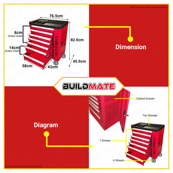 BUILDMATE Butterfly Taiwan 7+1 Drawers Roller Cabinet Tool Box Organizer Storage with Wheels and Keys Toolbox Cabinet #421 •