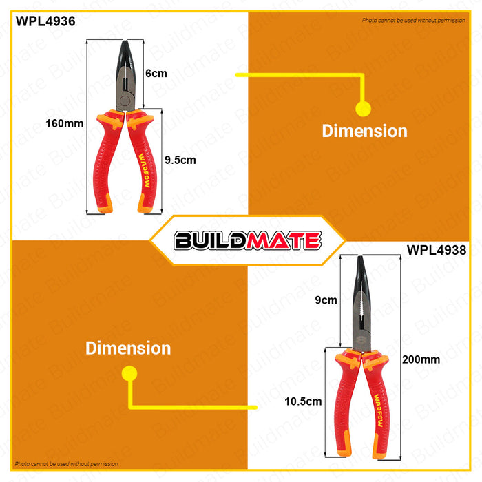 BUILDMATE Wadfow Insulated Bent Nose Pliers 6" Inch | 8" Inch Wire Stripper Bolt Cutter Hand Tool Pliers for Wire Wrapping Nose Pliers Precision Pliers Wire Bending Pliers Long Nose Cutting Tools Electrician Pliers WPL4936 | WPL4938 • WHT