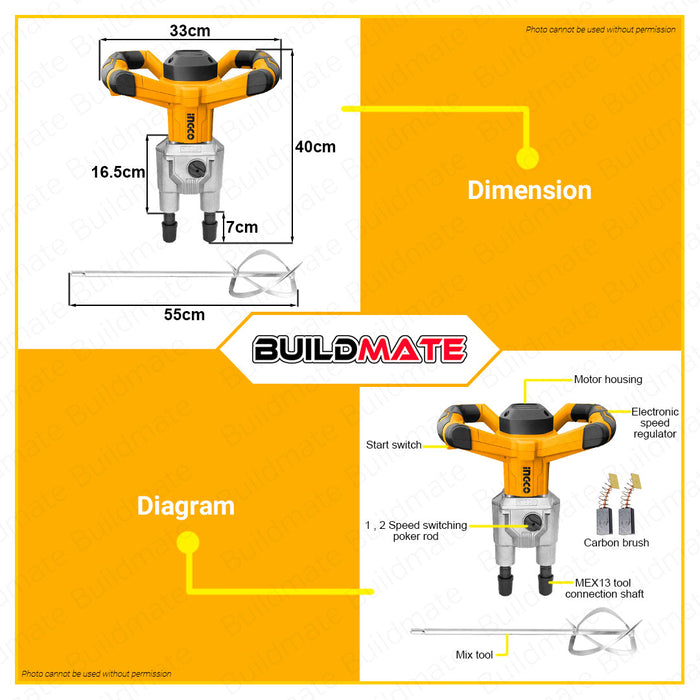 BUILDMATE Ingco Electric Mixer 1800W with Mixing Pad Multi-functional Mixer Electric Concrete Mixer Cement Mixer Mortar Mixer for Concrete, Paint, Latex and Mortar MX218008 | MX218008P • IPT