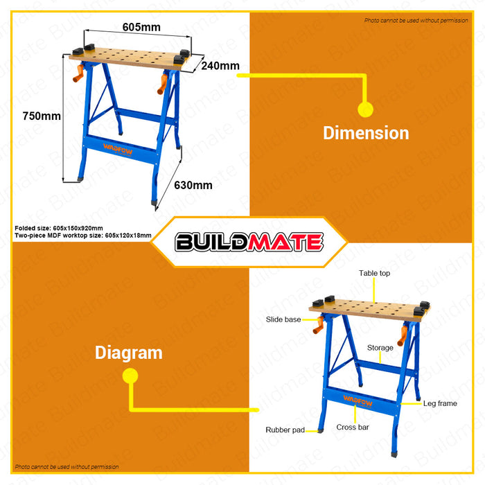 BUILDMATE Wadfow Foldable Workbench Folding Workbench Clamping Workbench Table Bench Portable Work Bench Benchtop Woodworking Table with Storage WWE1525 • WHT
