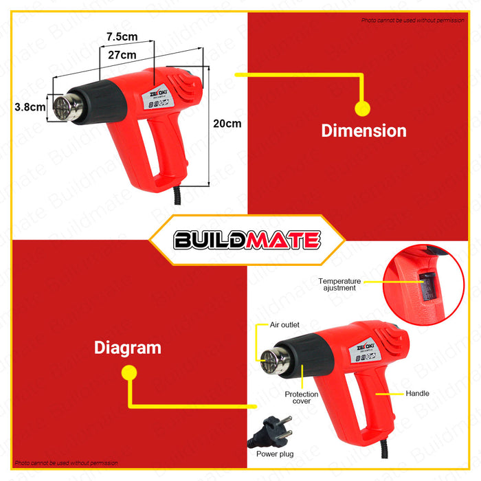 BUILDMATE Zekoki Heat Gun Blower 2000W 3-Setting Heat with Cooling Off Setting Hot Air Shrink Gun Sealer Power Saving Electrician Tools Hot Air Dryer Plastic Sealer Heater Blower Heat Shrink Heat Gun Sealer ZKK-2000HG-B •