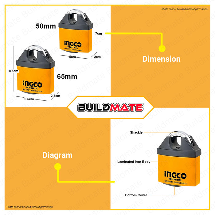 BUILDMATE Ingco Weatherproof Laminated Padlock 50MM | 65MM Laminate Padlock Pad Lock Keyed Padlock Solid Brass Lock Cylinder with 3pcs Iron Keys Wide Lock Body Security Lock Anti-Theft Lock DBIK4501 | DBIK4651 • HT2