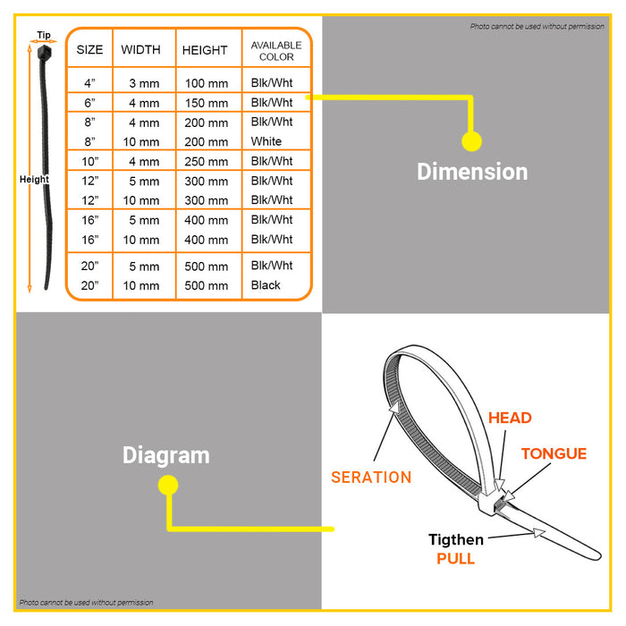 BUILDMATE Proman 100PCS/PACK Nylon Cable Ties White / Black Self Locking Zip Fastening Wire Wraps Cable Tie SOLD PER PACK
