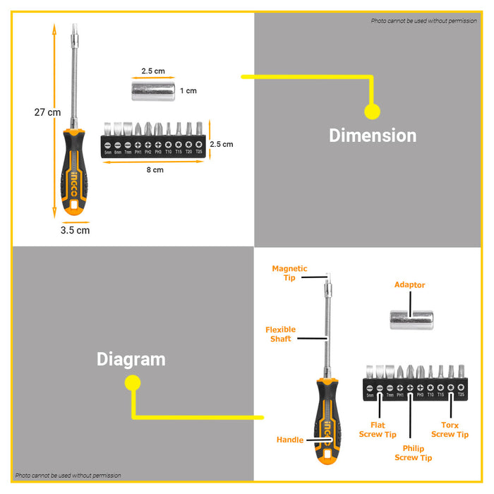 BUILDMATE Ingco 12pcs Flexible Shaft Screwdriver Set Cr-V Bendable Screw Bit Holder Driver Hand Tool Kit AKSDFL1208 - IHT