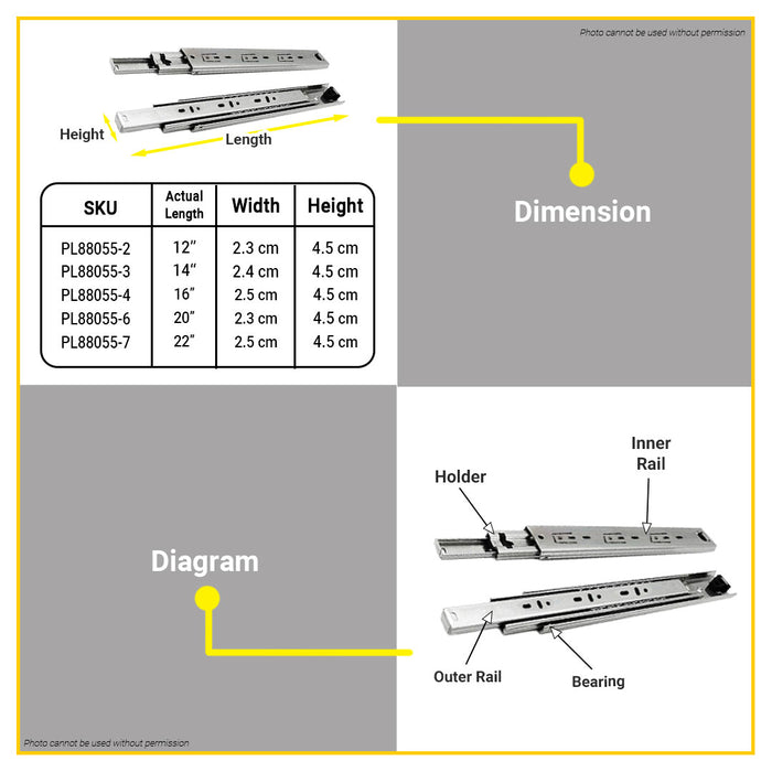BUILDMATE Pololock 3-Fold Steel Ball Mute Drawer Slide Guide Rail  12" - 22" Silent Furniture Closet Locking Track Glides PL88055
