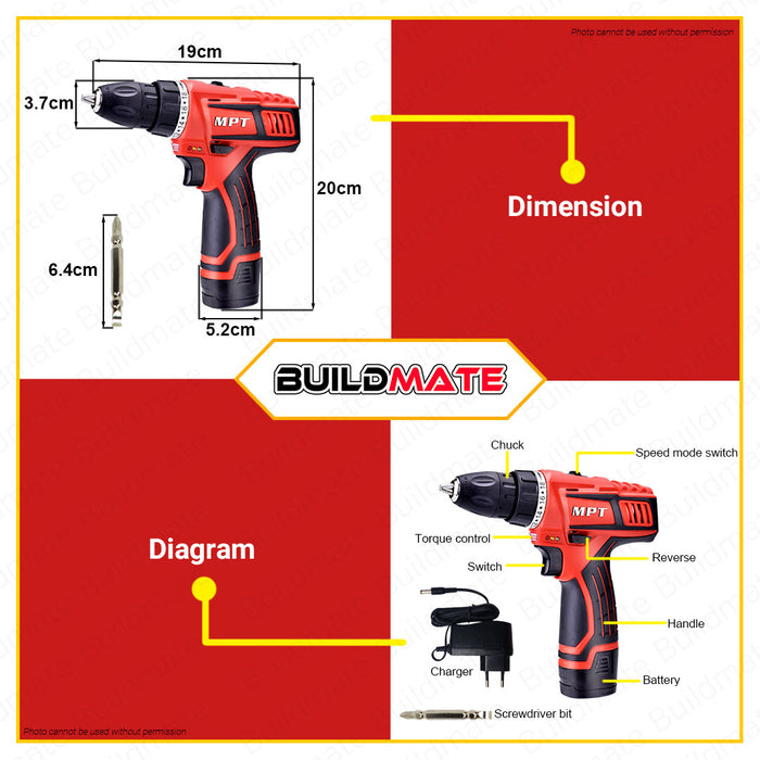 BUILDMATE MPT Cordless Drill Gun 12V with Battery & Charger Driver-Drill Cordless Drill Driver Kit Set Variable Speed MCDT1226-B2 •