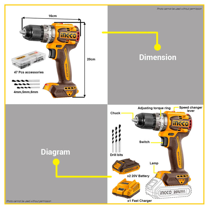 BUILDMATE Ingco 20V Lithium-Ion Cordless Compact Brushless Impact Drill 2-Speed Gear 60Nm Electric Screw Driver Hammer Drill CIDLI20602 - ICPT