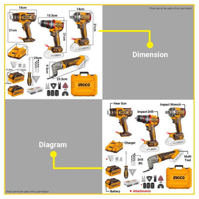 BUILDMATE Ingco 4pcs Cordless Combo Kit Brushless Impact Drill w/ Impact Wrench, Heat Gun & Multi-Tool Power Tool Combo Set COSLI240969 - ICPT