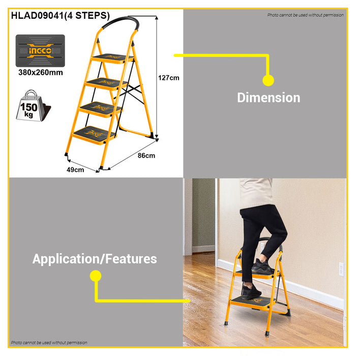 BUILDMATE Ingco Wide Steel Ladder 2 / 3 / 4 STEPS 150KG Capacity Household Indoor Outdoor Climbing Ladder Non-slip • IHT