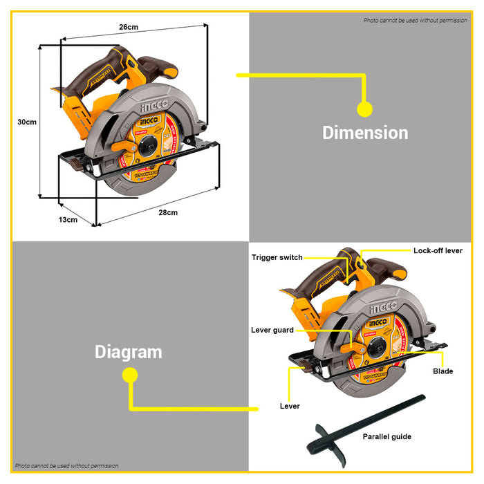 BUILDMATE Ingco 20V Li-Ion Cordless Circular Saw Handheld Cutting Tool CSLI1851 - ICPT
