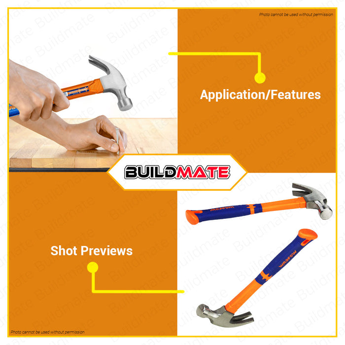 BUILDMATE Wadfow Claw Hammer 16oz | 20oz Unique Design Fiberglass Handle Drop-forged Hammerhead 45# Carbon Steel Non Slip for Contractors, General Laborers, Repair Men, Household Hand Tools WHM3316 | WHM3320 • WHT