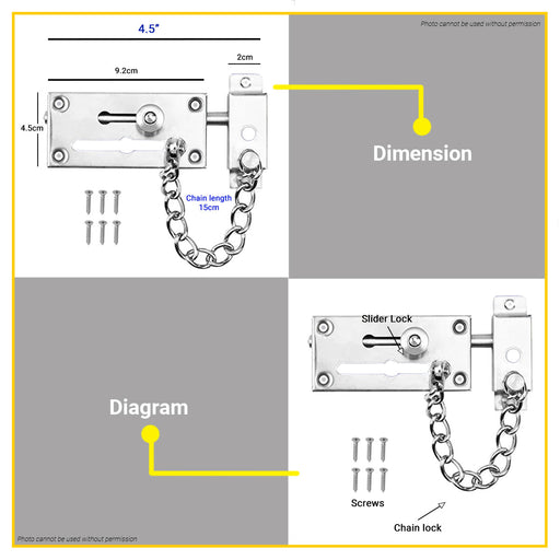 BUILDMATE Starwheel Stainless Steel Door Chain & Bolt Door Security Chain Slide Barrel Locking Bolt Safety Latch Lock 650SS