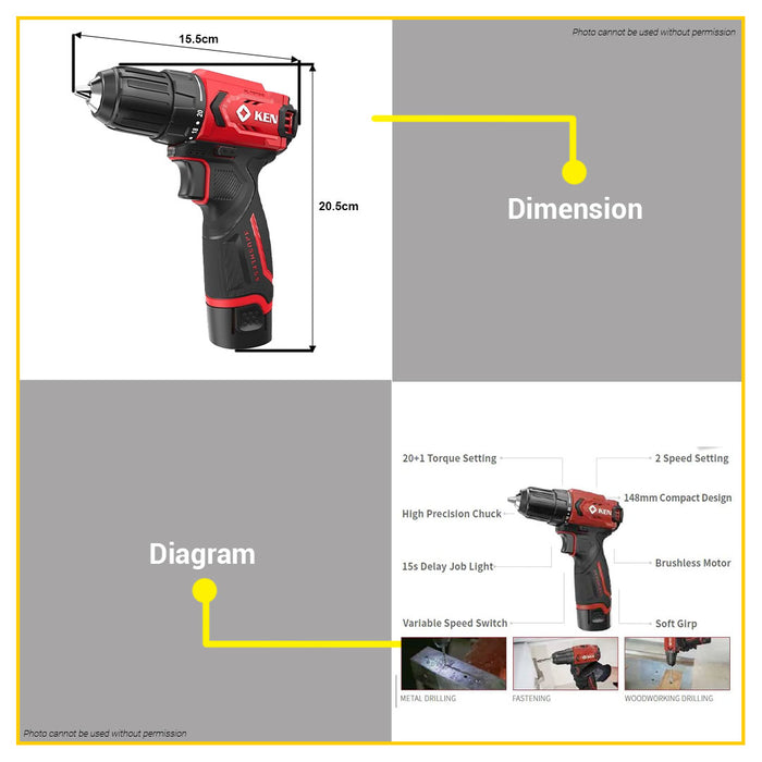 BUILDMATE Ken 12V Brushless Cordless Drill 45N.m Heavy Duty Rechargeable Drill Driver with Free TATARA  Multipurpose Drill Bit Set BL7312
