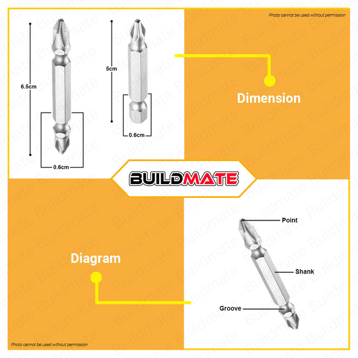 BUILDMATE Ingco 2PCS/SET Screwdriver Bits 50mm | 65mm Double Ended Phillips Screw Bit Magnetic Two-Sided Cross Slot Double Ended Driver Bit for Power Screwdriver Impact Drill SDB61PH502 | SDB61PH652 • HT2