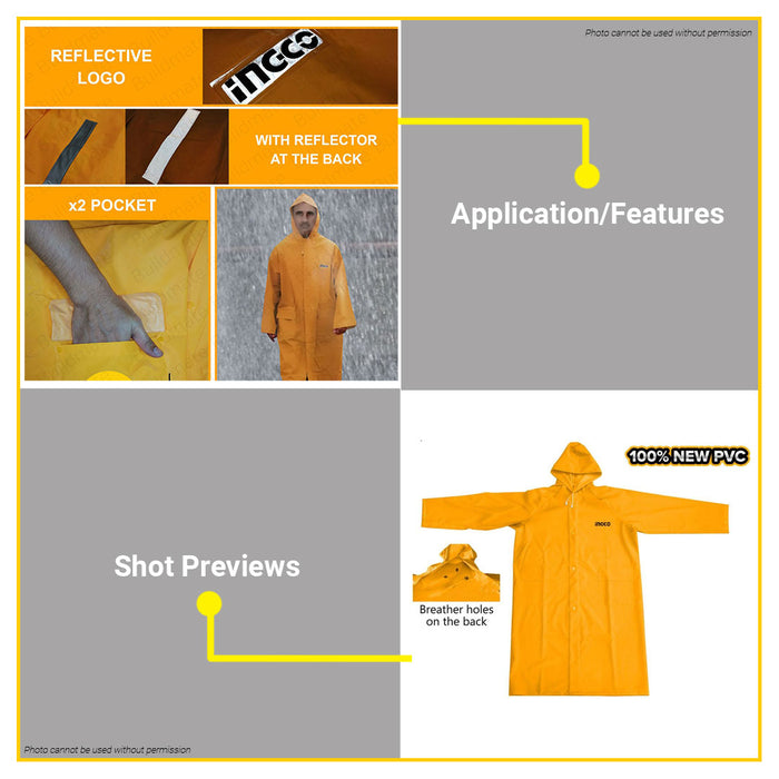 BUILDMATE Ingco Rain Coat Medium-XXL PVC Hooded Waterproof Raincoat Kapote SOLD PER PIECE  HRCTL031 - IHT