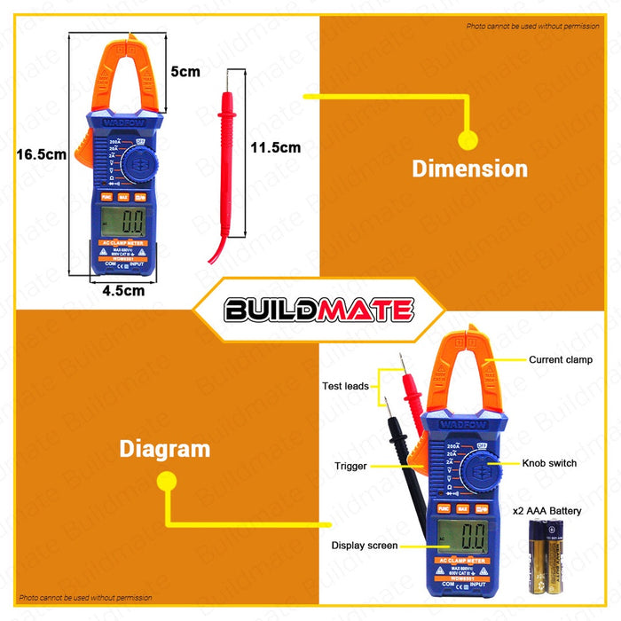 BUILDMATE Wadfow Digital Clamp Meter AC 200A 2000C Digital AC Clamp Meter AC Current Voltage With 3pcs 1.5V AAA Batteries Volt Multimeter Voltmeter Capacitance Resistance Continuity Temperature WDM6501 • WPT