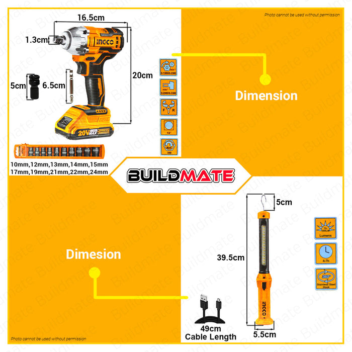 BUILDMATE Ingco Lithium-Ion Cordless Brushless 20V Impact Wrench / Driver with Work Lamp and Accessories Power Tools Combo Kit Set COSLI23011 - ICPT