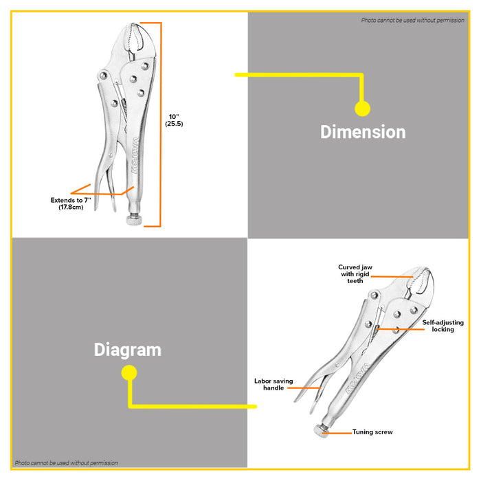 BUILDMATE Wadfow Curved Jaw Locking Plier 10" Inches Nickel Plated Wire Cutter Vice Grip Wrench Pliers Hand Tool WLP1110 / WLP1C10 - WHT