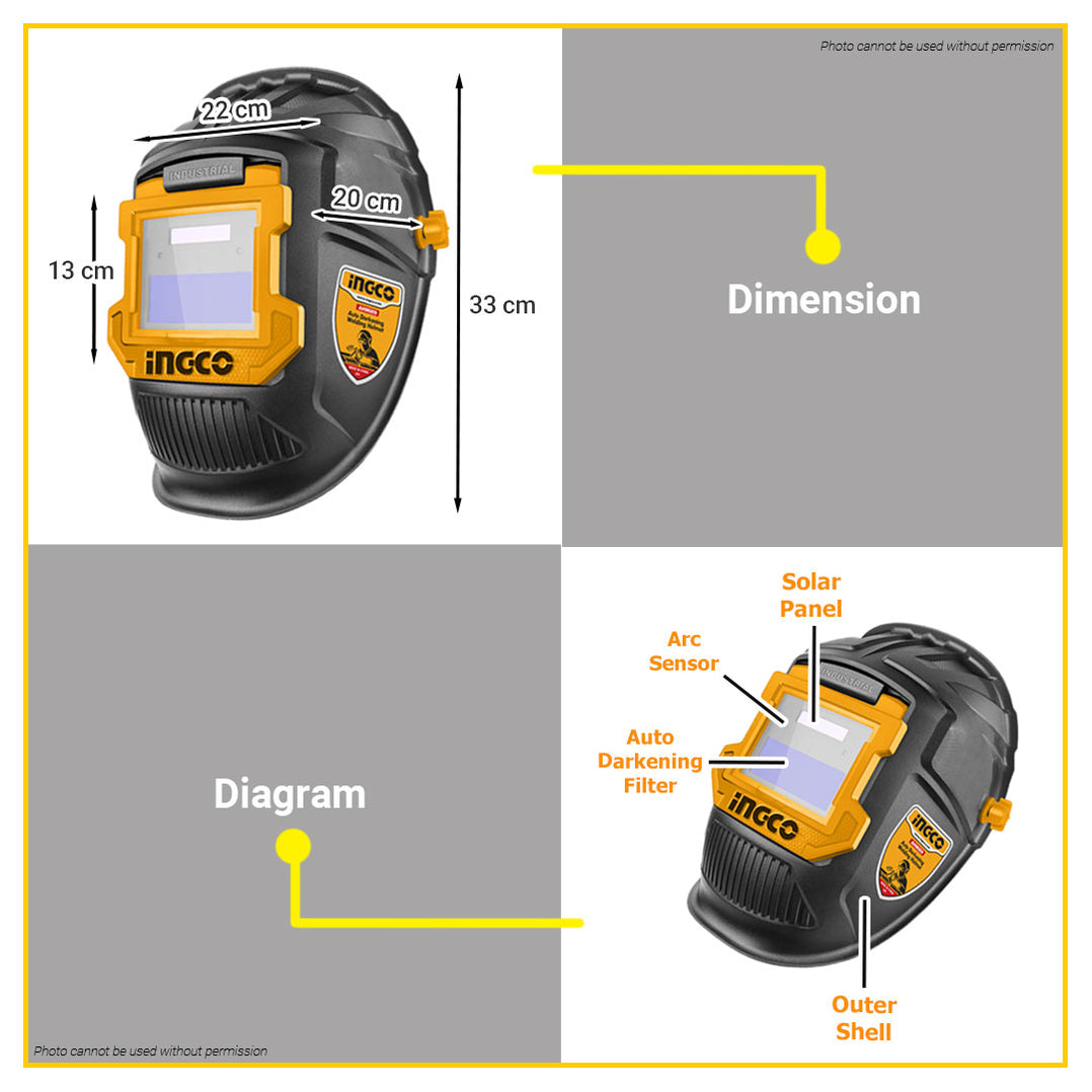 BUILDMATE Ingco Auto Darkening Welding Helmet 90x35mm Viewing Area Sol ...