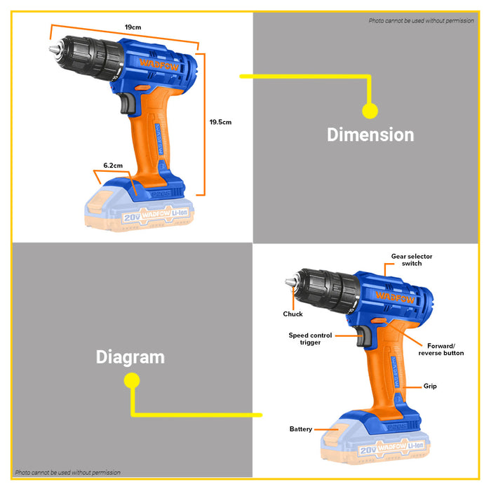 BUILDMATE Wadfow Lithium-Ion 20V Cordless Drill 35Nm Rechargeable Drilling Gun with Battery and Charger WCDP511 - WCPT