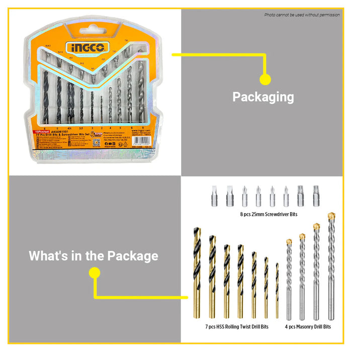 BUILDMATE Ingco 16pcs / 19pcs Drill Bits & Screwdriver Bits Set DIY Tool Bit Assortment Kit AKSDB9165 / AKSDB1901 - IHT