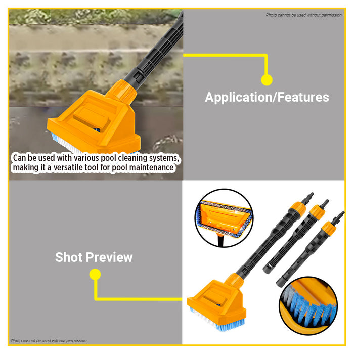BUILDMATE Ingco Pool Brush 195mm with 2pcs Extension Rods Swimming Pool Scrubbing Wall Floor Cleaning Brush APB30160 - IHT