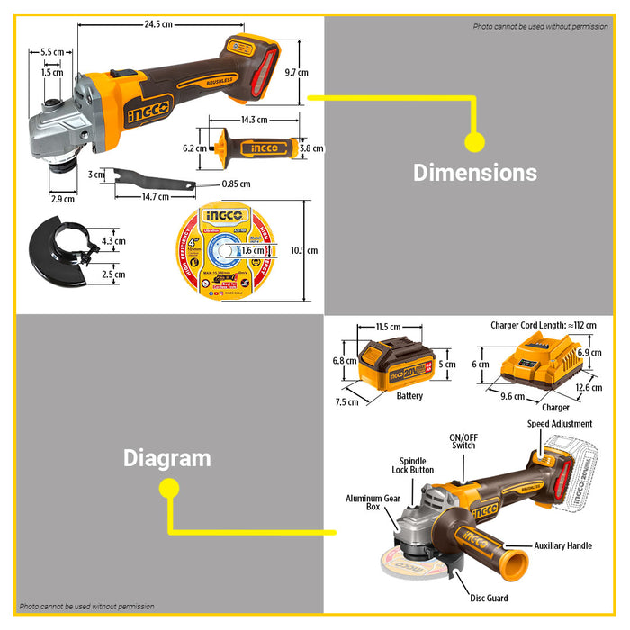BUILDMATE Ingco Lithium-Ion Cordless Angle Grinder 20V Brushed / Brushless Rechargeable Grinding and Polishing Machine Power Tools - ICPT