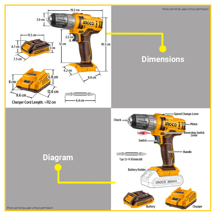 BUILDMATE Ingco Lithium-Ion Cordless Drill 20V 2-Speed Gear High Torque Rechargeable Drill Driver Power Tools - ICPT