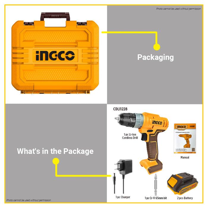 BUILDMATE Ingco 12V Lithium-Ion Cordless Drill 20N.m / 25N.m Rechargeable Drill Driver with Integrated Work Light Power Tools - ICPT