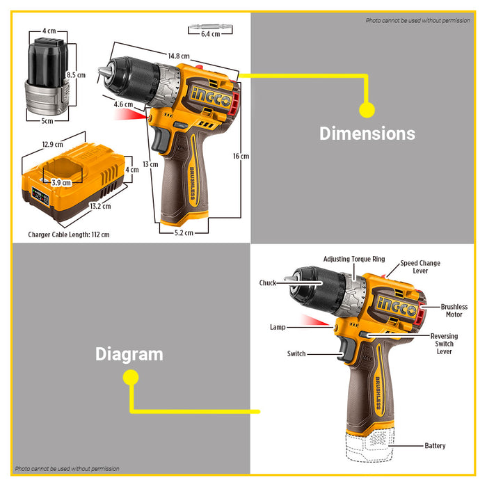 BUILDMATE Ingco Lithium-Ion Compact Brushless Cordless Drill 16V 2-Speed Gear Rechargeable Drill Driver CDLI16682 - ICPT