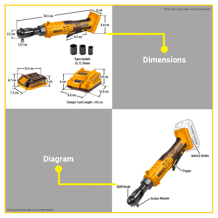 BUILDMATE Ingco 20V Lithium-Ion Cordless Drive Ratchet 65Nm High Torque Rechargeable Power Ratchet Tool CDRLI2060152 - ICPT