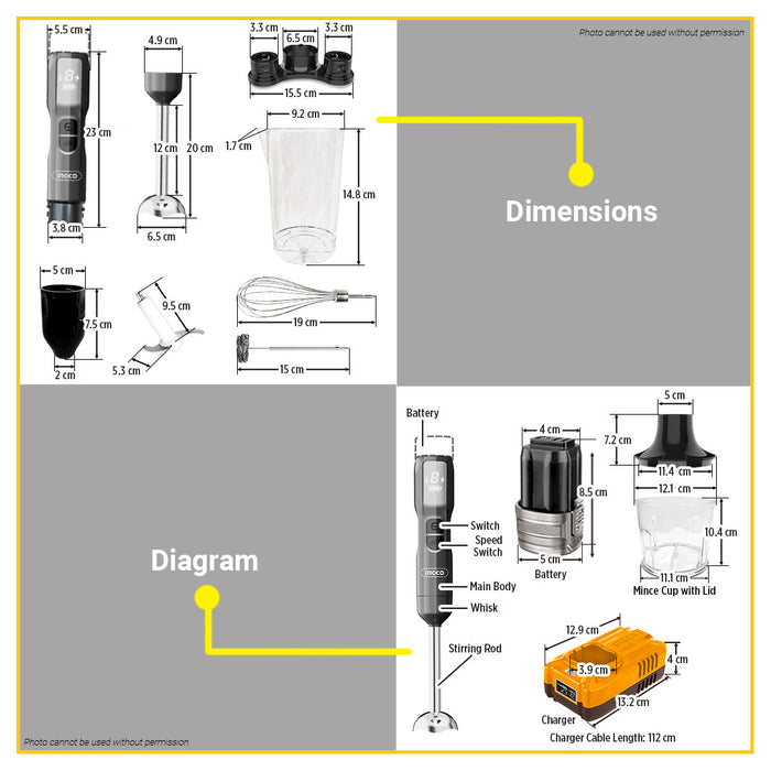 BUILDMATE Ingco Lithium-Ion 16V Cordless Hand Blender 100W Rechargeable 5-Speed Handheld Stick Immersion Blender - ICPT
