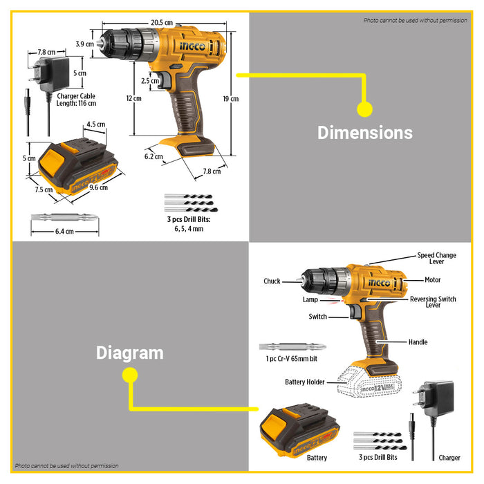 BUILDMATE Ingco Lithium-Ion Cordless 20V Impact Drill 25N.m 2-Speed Gear Rechargeable Drill Driver CIDLI1228 - ICPT
