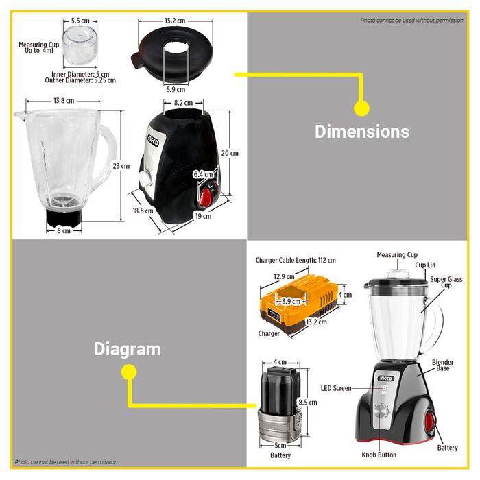 BUILDMATE Ingco 1.5L Cordless Stand Blender Juicer Smoothie Shaker 2-Speed Control with Pulse Fruit Blender - ICPT
