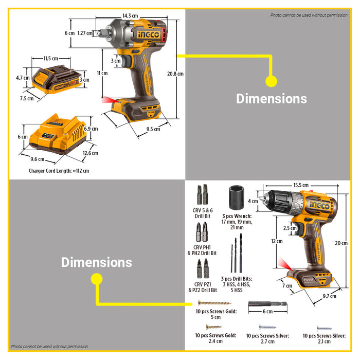 [EXCLUSIVE] BUILDMATE Ingco 2pcs Brushless 20V Cordless Combo Kit Lithium-Ion ( Impact Wrench or Impact Driver ) + Cordless Drill Power Tools Set CKLI20271 / CKLI20272  - ICPT
