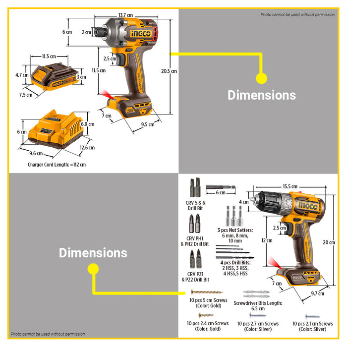 [EXCLUSIVE] BUILDMATE Ingco 2pcs Brushless 20V Cordless Combo Kit Lithium-Ion ( Impact Wrench or Impact Driver ) + Cordless Drill Power Tools Set CKLI20271 / CKLI20272  - ICPT