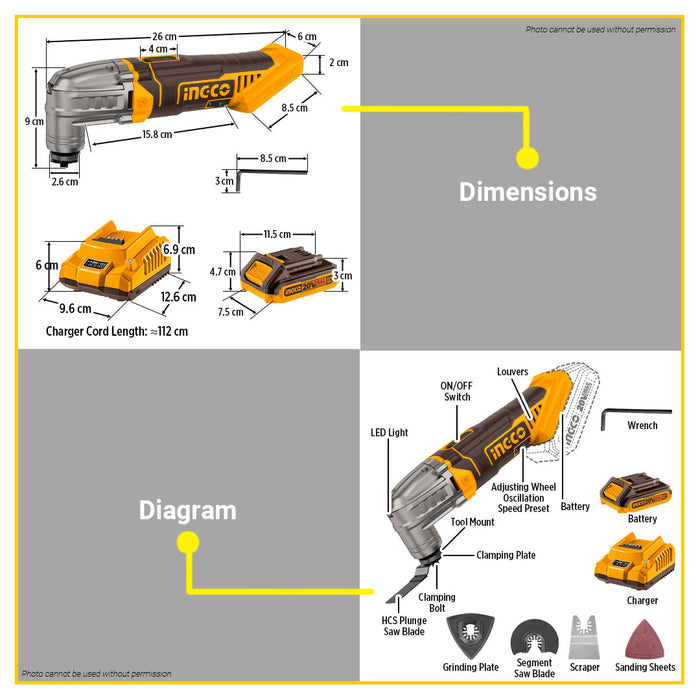 BUILDMATE Ingco Lithuim-Ion Cordless Oscillating Multi-Tool 20V with 6-Speed Adjustment Rechargeable Multi Tool - ICPT