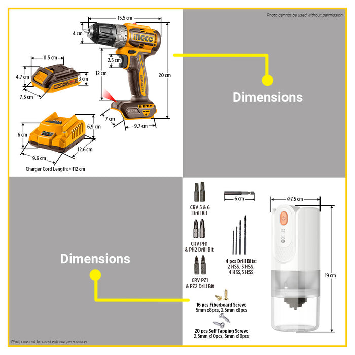 BUILDMATE Ingco 2pcs Cordless Combo Kit 20V Lithium-Ion Brushless Cordless Drill & 15W Coffee Grinder Combo Set COSLI240315 - ICPT