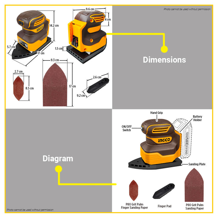 [BARE UNIT] BUILDMATE Ingco 20V Lithium-Ion Cordless Palm Sander 12000rpm Rechargeable Compact Sanding Power Tool CPSLI2014 - ICPT