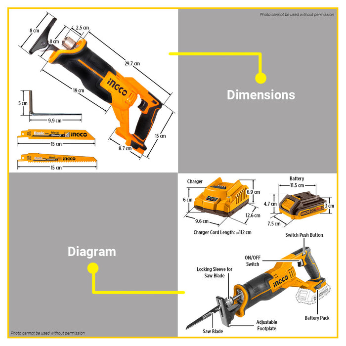BUILDMATE Ingco 20V Lithium-Ion Cordless Reciprocating Saw 2-Stroke Motor POWERSHARE with Blade for Wood & Metal - ICPT
